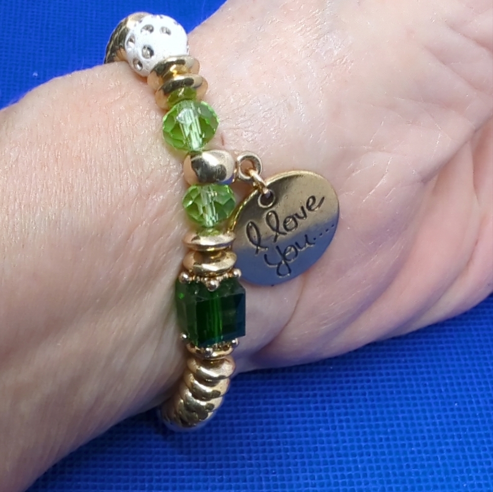 ~ I love you Bracelet~ Gift for Someone Special Green/Gold w Crystal NWT